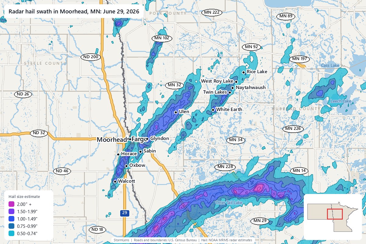 Radar-estimated hail swath in Moorhead, MN on June 29, 2026; colors show estimated hail sizes