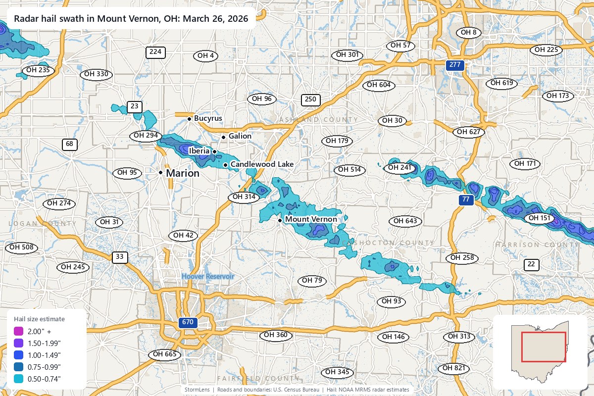 Radar-estimated hail swath in Mount Vernon, OH on March 26, 2026; colors show estimated hail sizes