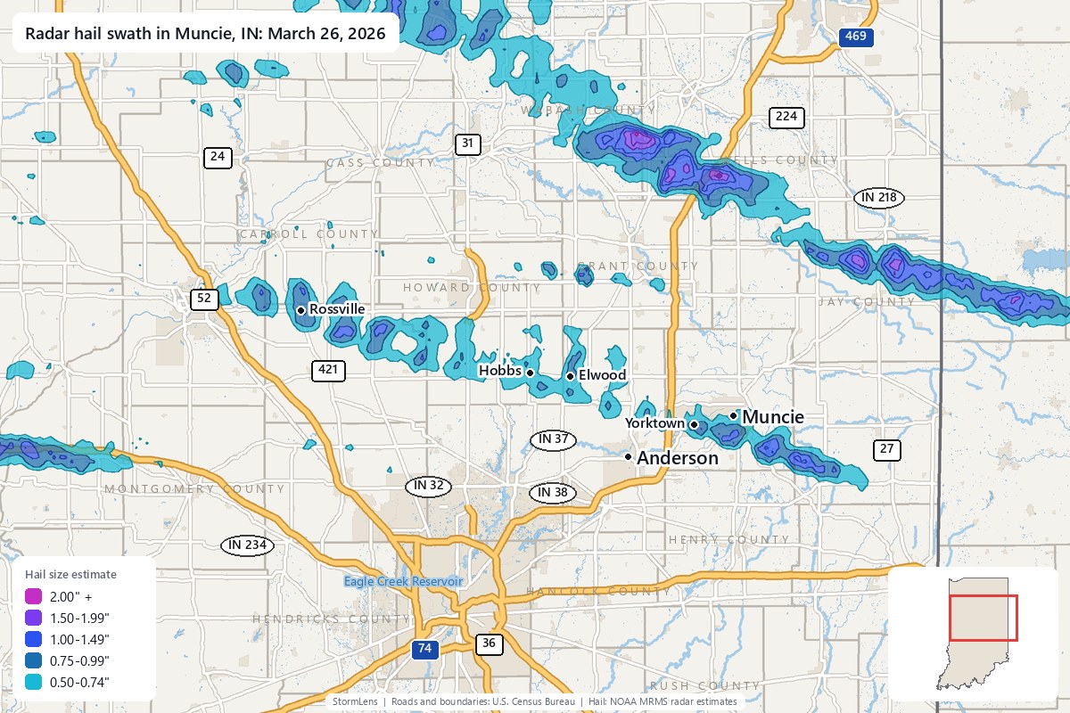 Radar-estimated hail swath in Muncie, IN on March 26, 2026; colors show estimated hail sizes