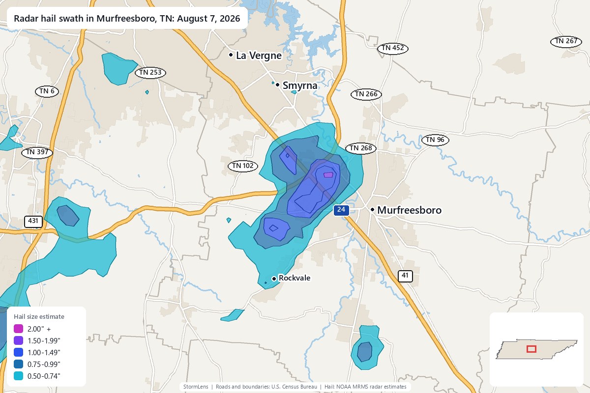Radar-estimated hail swath in Murfreesboro, TN on August 7, 2026; colors show estimated hail sizes