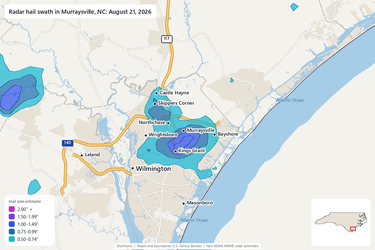 Radar-estimated hail swath in Murraysville, NC on August 21, 2026; colors show estimated hail sizes