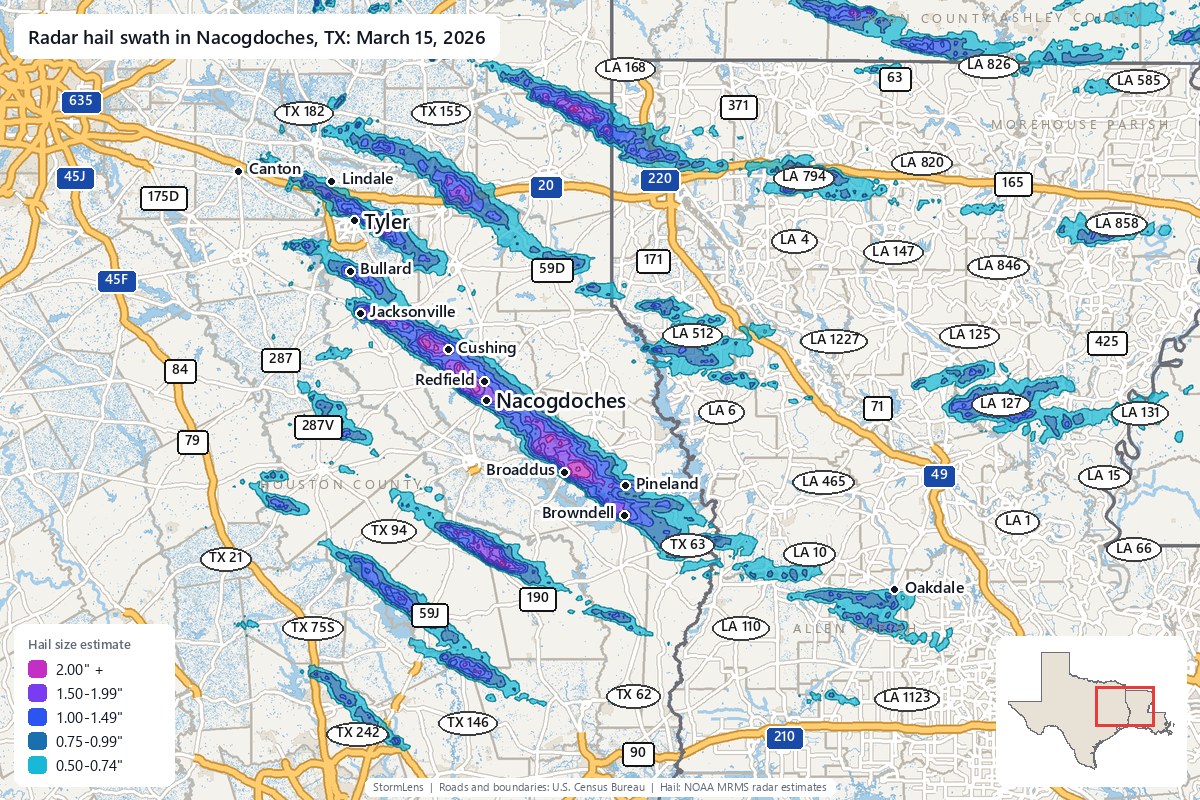 Radar-estimated hail swath in Nacogdoches, TX on March 15, 2026; colors show estimated hail sizes