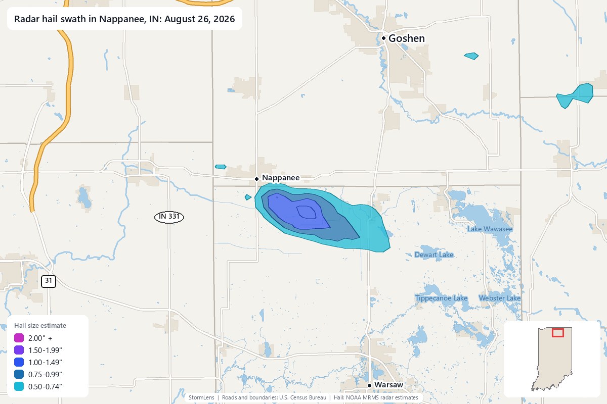 Radar-estimated hail swath in Nappanee, IN on August 26, 2026; colors show estimated hail sizes