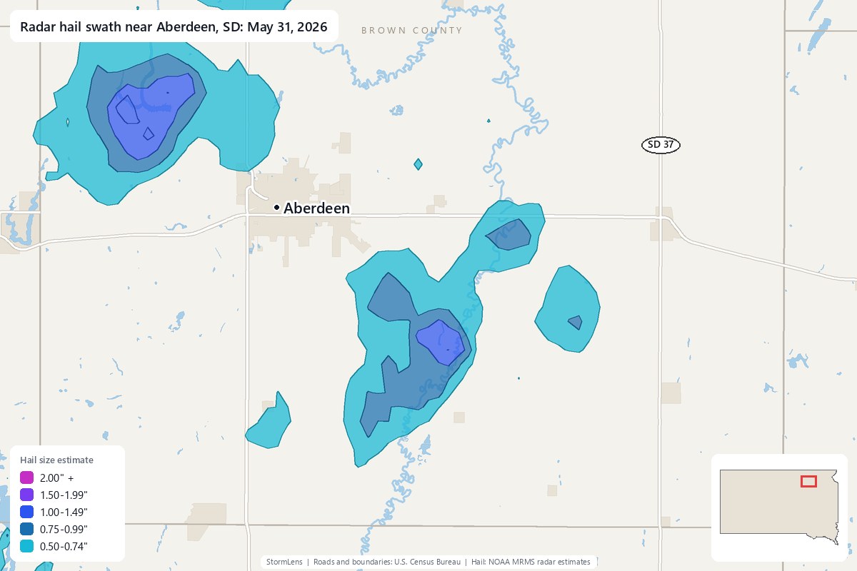 Radar-estimated hail swath near Aberdeen, SD on May 31, 2026; colors show estimated hail sizes
