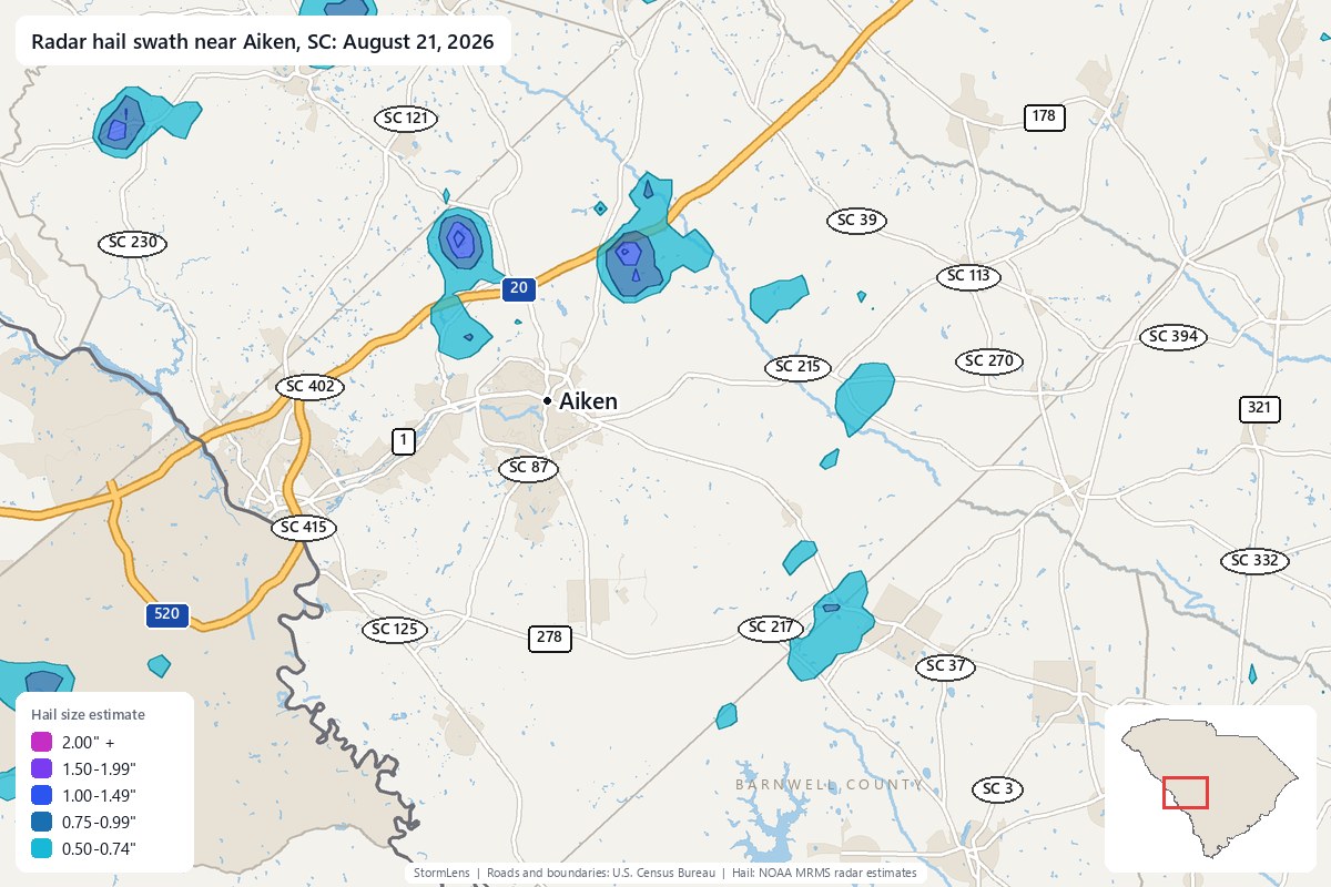 Radar-estimated hail swath near Aiken, SC on August 21, 2026; colors show estimated hail sizes