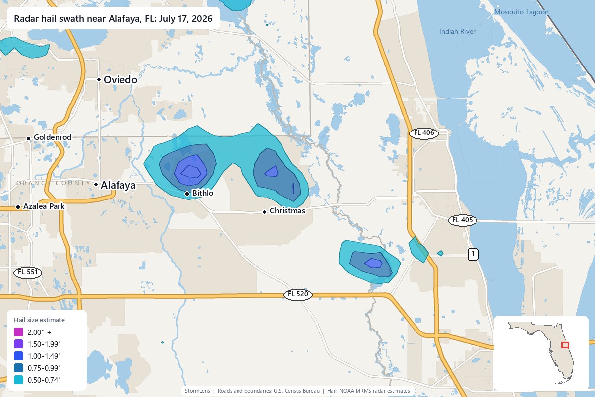 Radar-estimated hail swath near Alafaya, FL on July 17, 2026; colors show estimated hail sizes