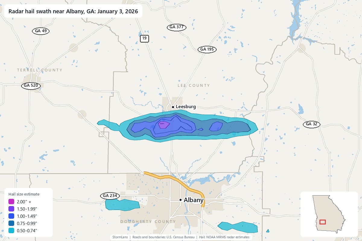 Radar-estimated hail swath near Albany, GA on January 3, 2026; colors show estimated hail sizes