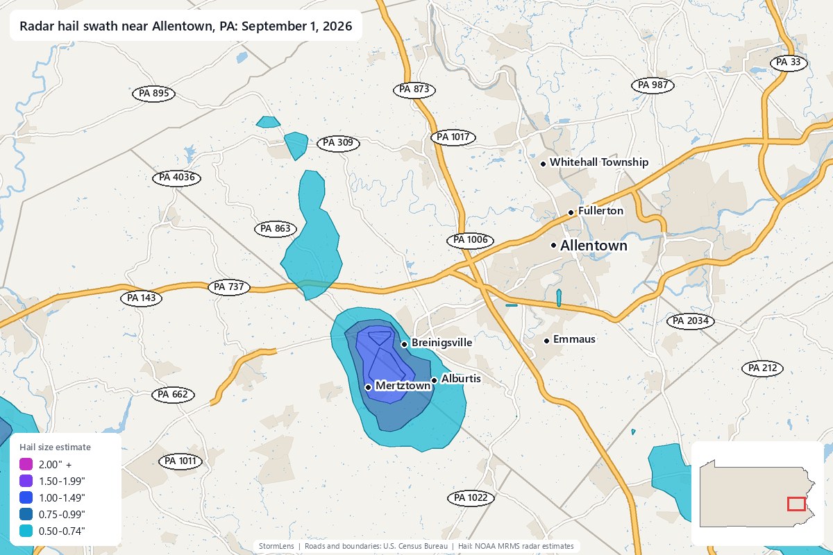 Radar-estimated hail swath near Allentown, PA on September 1, 2026; colors show estimated hail sizes