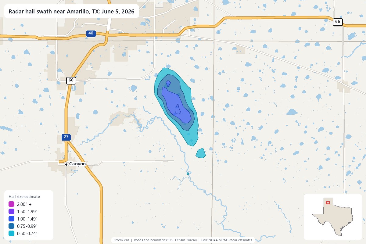Radar-estimated hail swath near Amarillo, TX on June 5, 2026; colors show estimated hail sizes