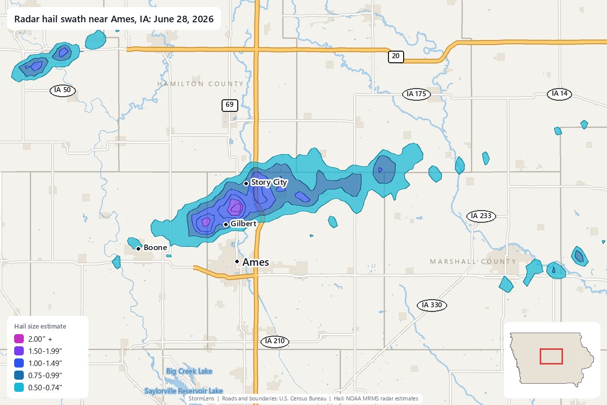 Radar-estimated hail swath near Ames, IA on June 28, 2026; colors show estimated hail sizes