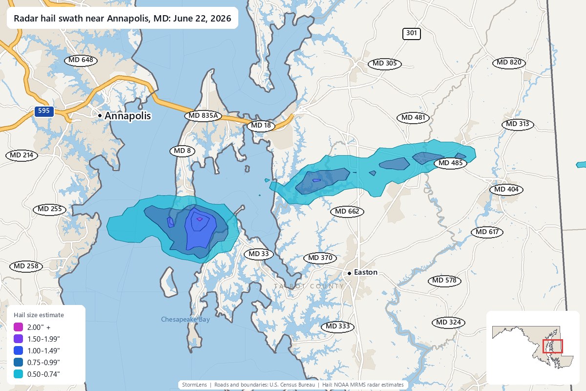 Radar-estimated hail swath near Annapolis, MD on June 22, 2026; colors show estimated hail sizes