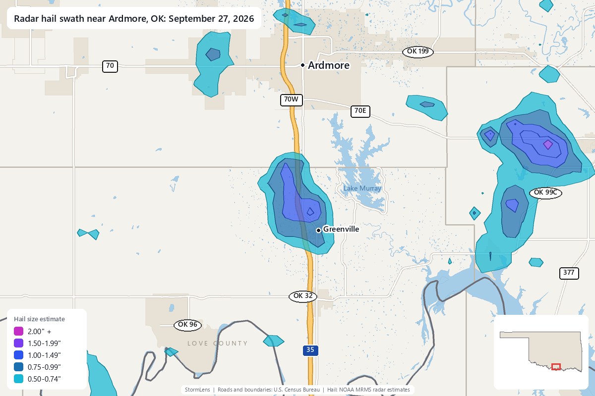 Radar-estimated hail swath near Ardmore, OK on September 27, 2026; colors show estimated hail sizes