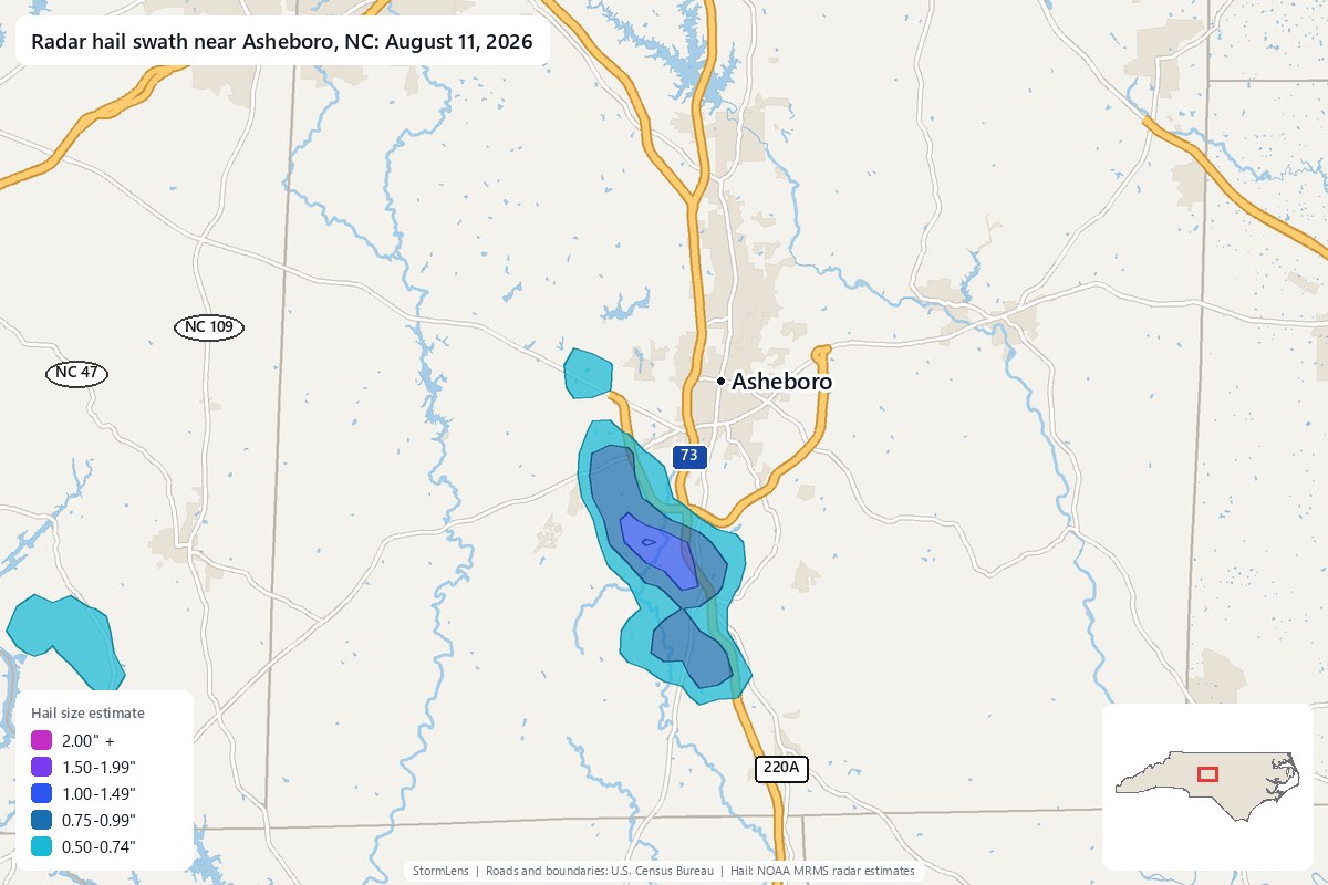 Radar-estimated hail swath near Asheboro, NC on August 11, 2026; colors show estimated hail sizes