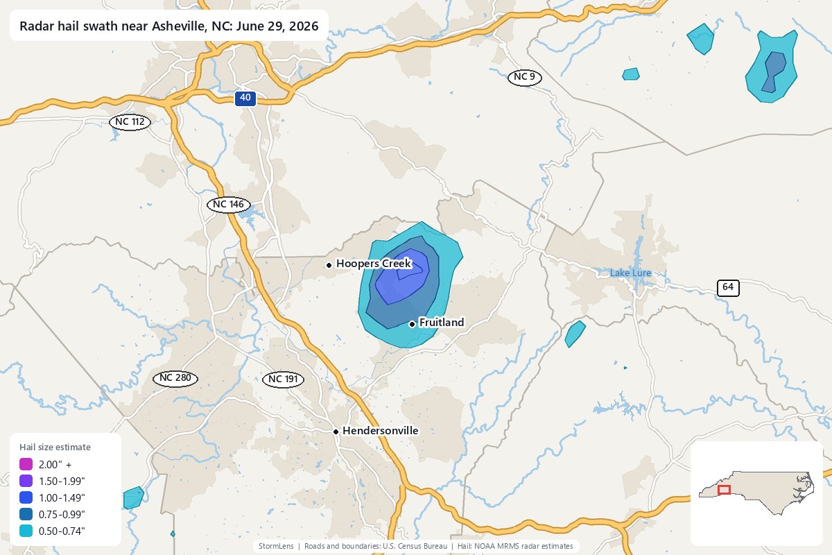 Radar-estimated hail swath near Asheville, NC on June 29, 2026; colors show estimated hail sizes