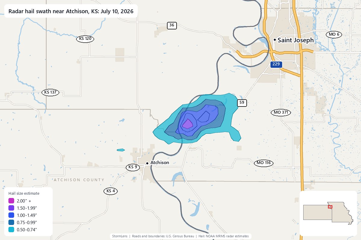 Radar-estimated hail swath near Atchison, KS on July 10, 2026; colors show estimated hail sizes
