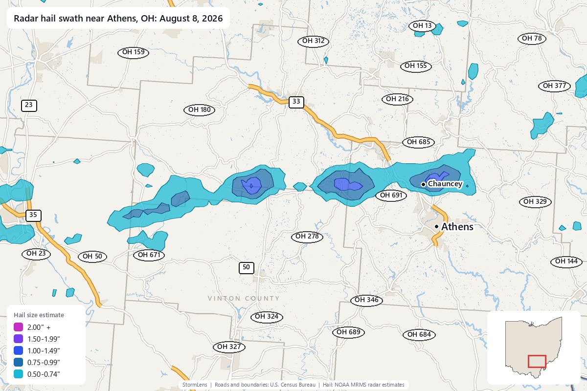 Radar-estimated hail swath near Athens, OH on August 8, 2026; colors show estimated hail sizes