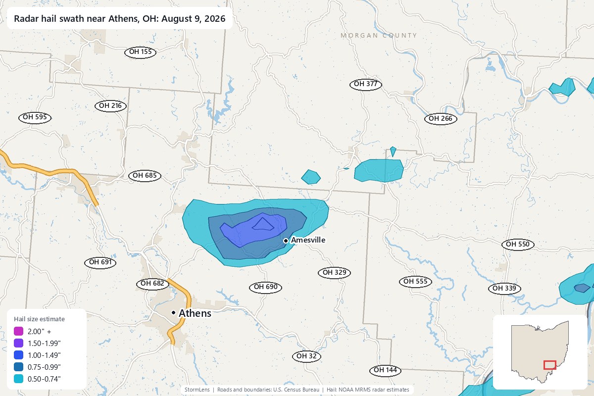 Radar-estimated hail swath near Athens, OH on August 9, 2026; colors show estimated hail sizes