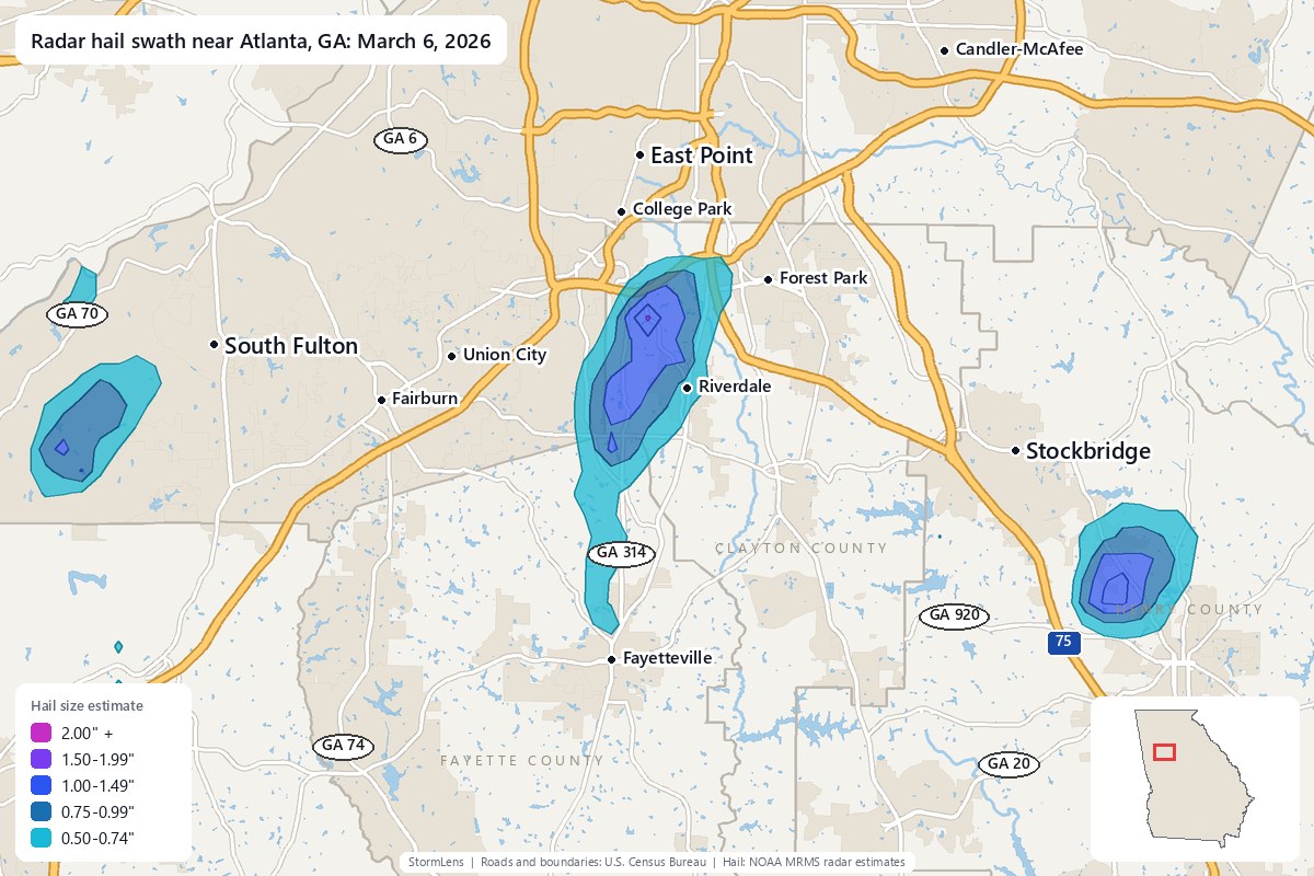Radar-estimated hail swath near Atlanta, GA on March 6, 2026; colors show estimated hail sizes