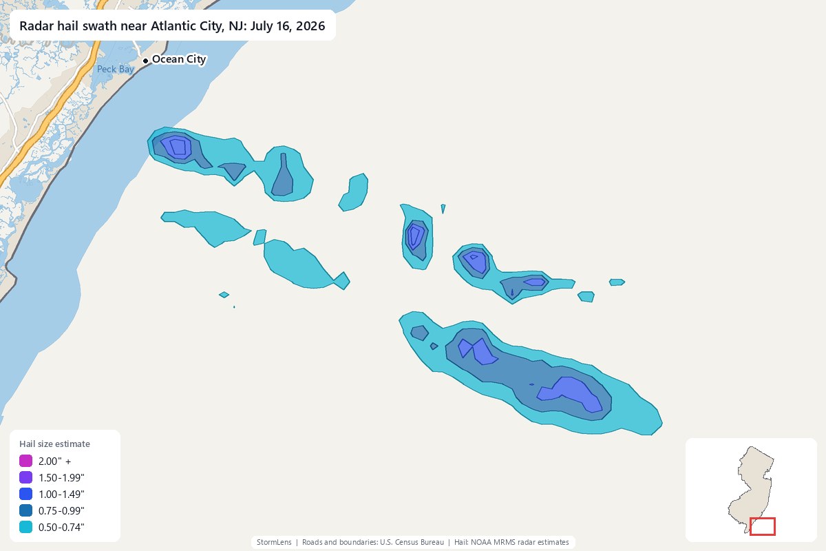 Radar-estimated hail swath near Atlantic City, NJ on July 16, 2026; colors show estimated hail sizes