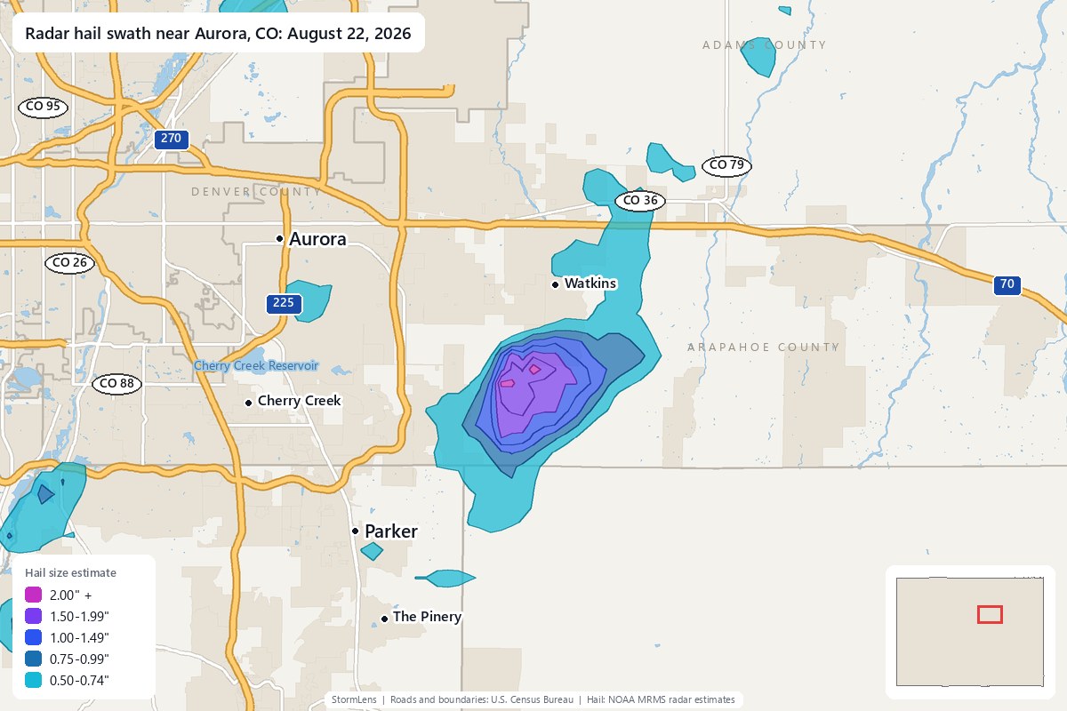 Radar-estimated hail swath near Aurora, CO on August 22, 2026; colors show estimated hail sizes