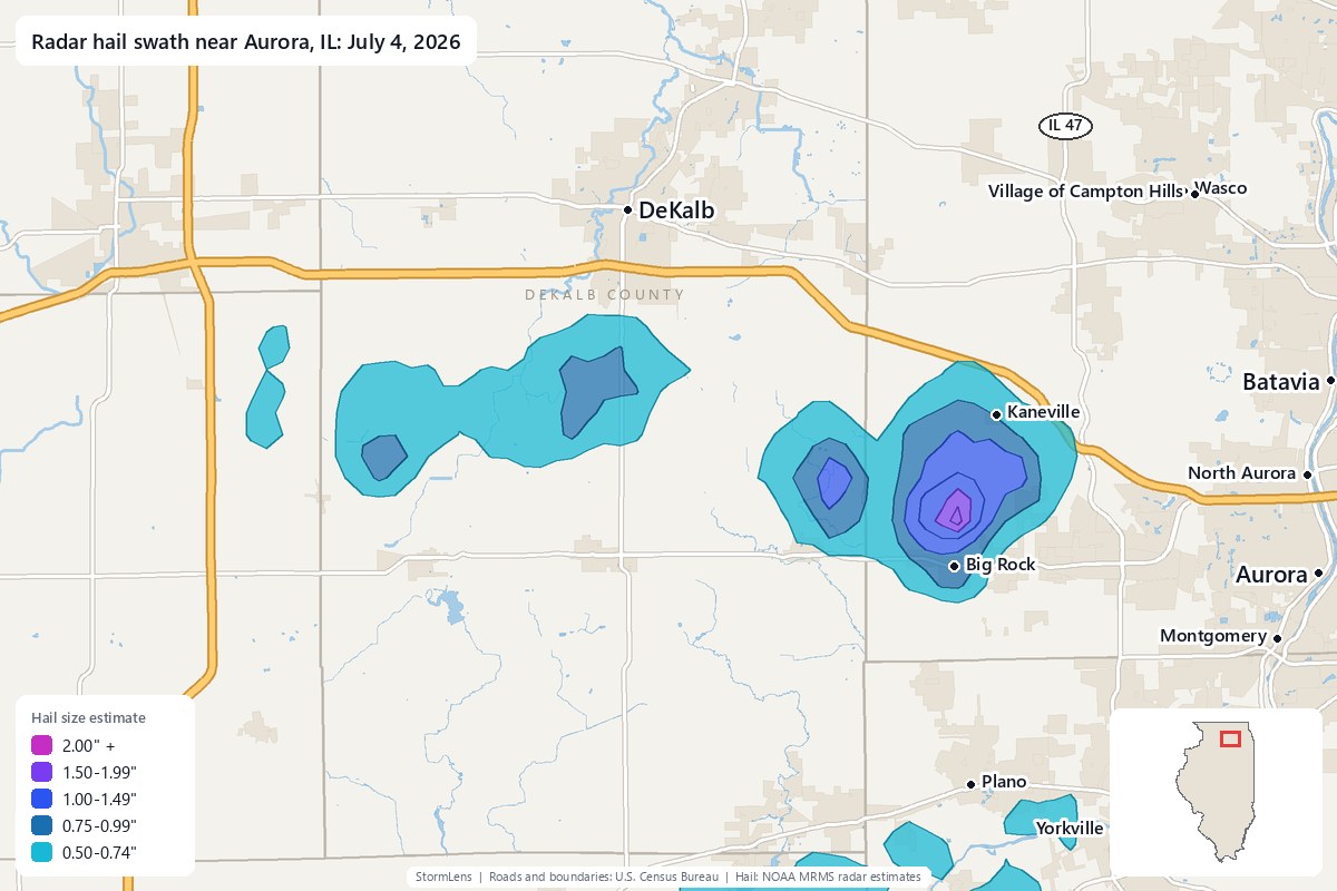 Radar-estimated hail swath near Aurora, IL on July 4, 2026; colors show estimated hail sizes