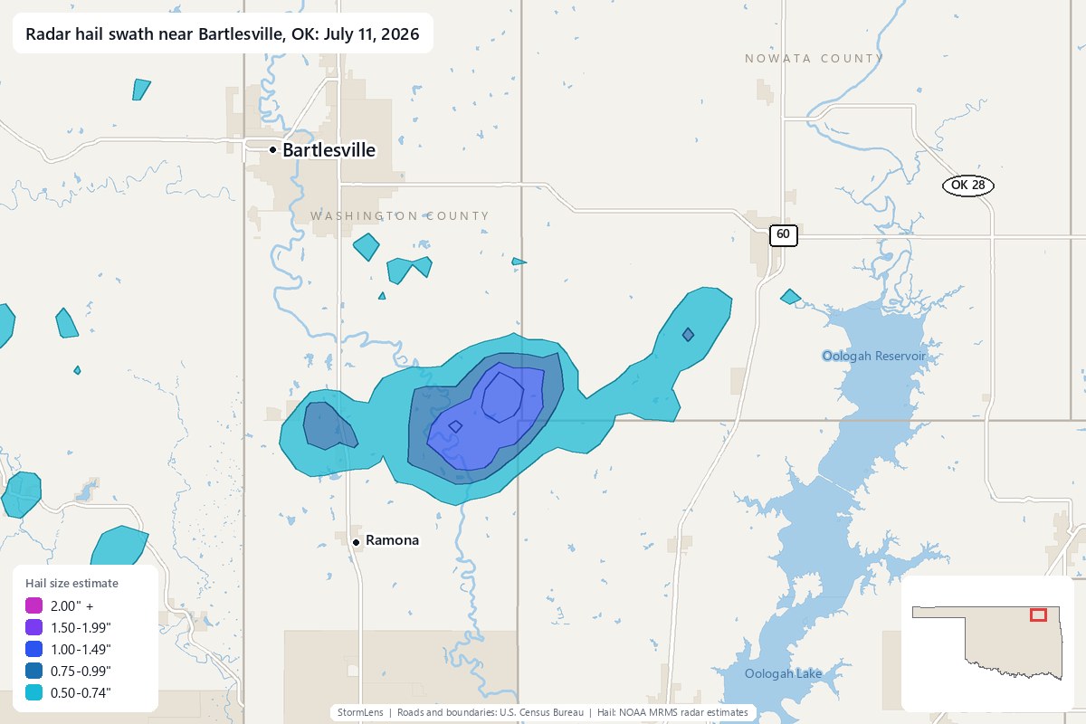 Radar-estimated hail swath near Bartlesville, OK on July 11, 2026; colors show estimated hail sizes