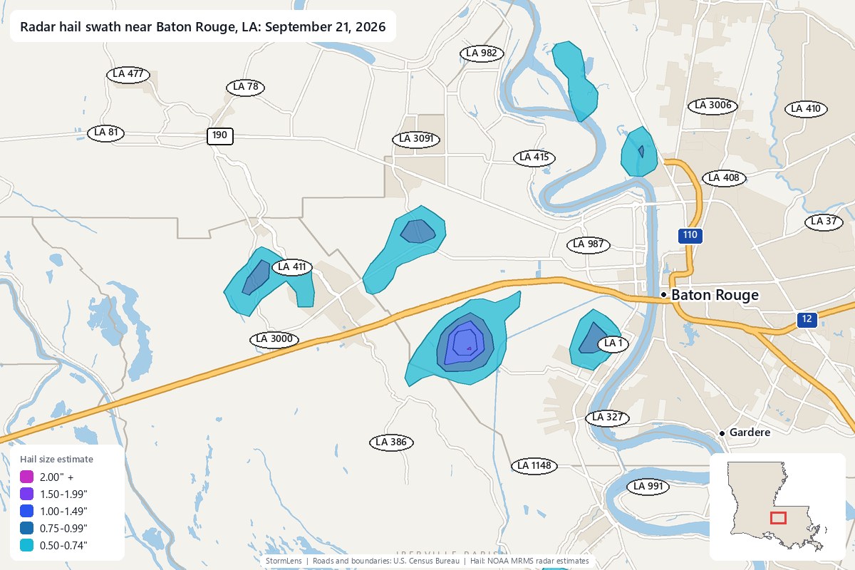 Radar-estimated hail swath near Baton Rouge, LA on September 21, 2026; colors show estimated hail sizes