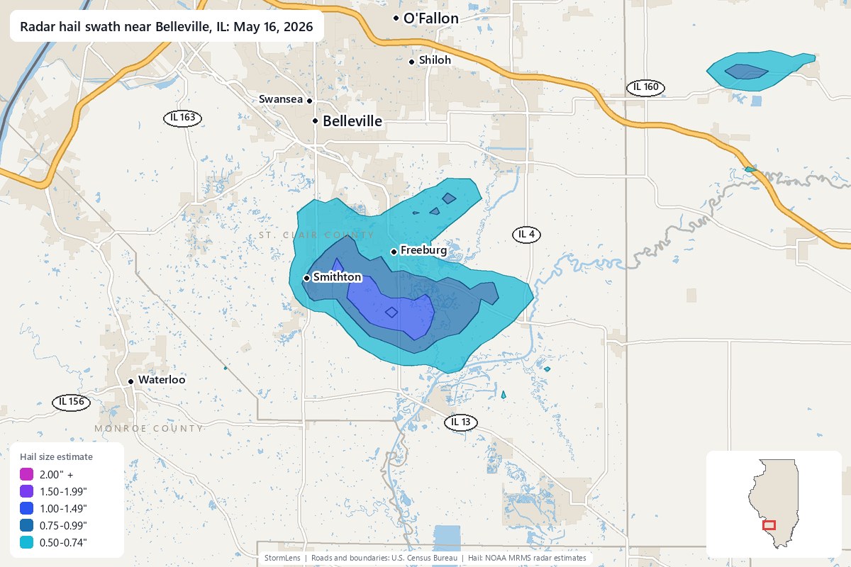Radar-estimated hail swath near Belleville, IL on May 16, 2026; colors show estimated hail sizes