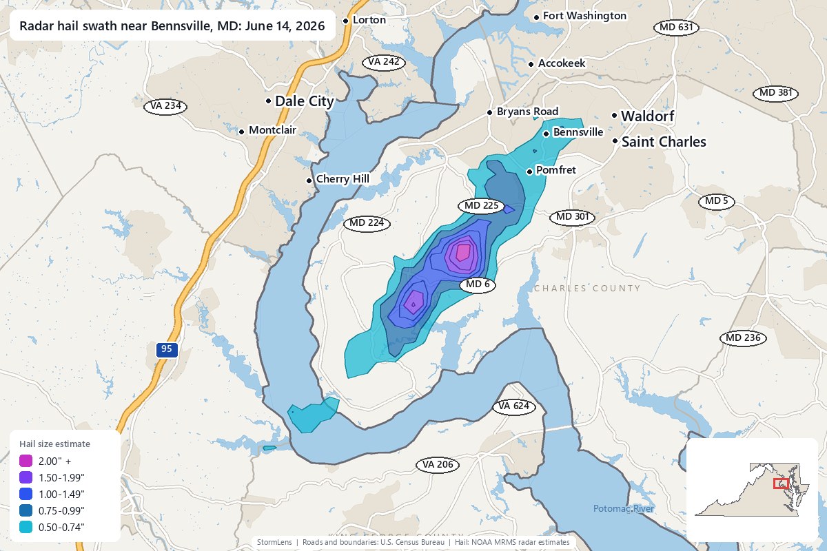 Radar-estimated hail swath near Bennsville, MD on June 14, 2026; colors show estimated hail sizes