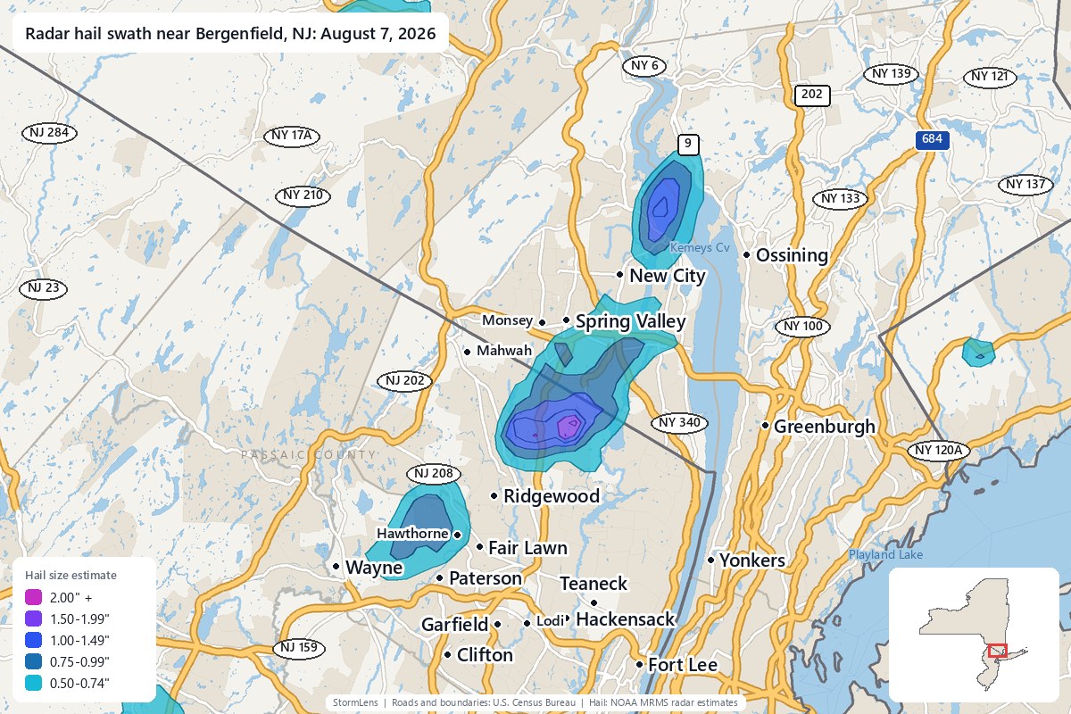 Radar-estimated hail swath near Bergenfield, NJ on August 7, 2026; colors show estimated hail sizes