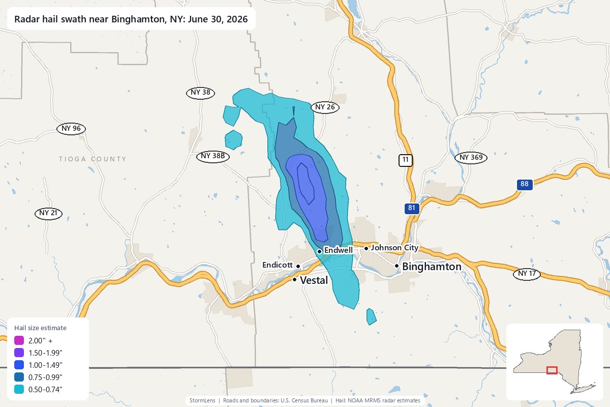 Radar-estimated hail swath near Binghamton, NY on June 30, 2026; colors show estimated hail sizes