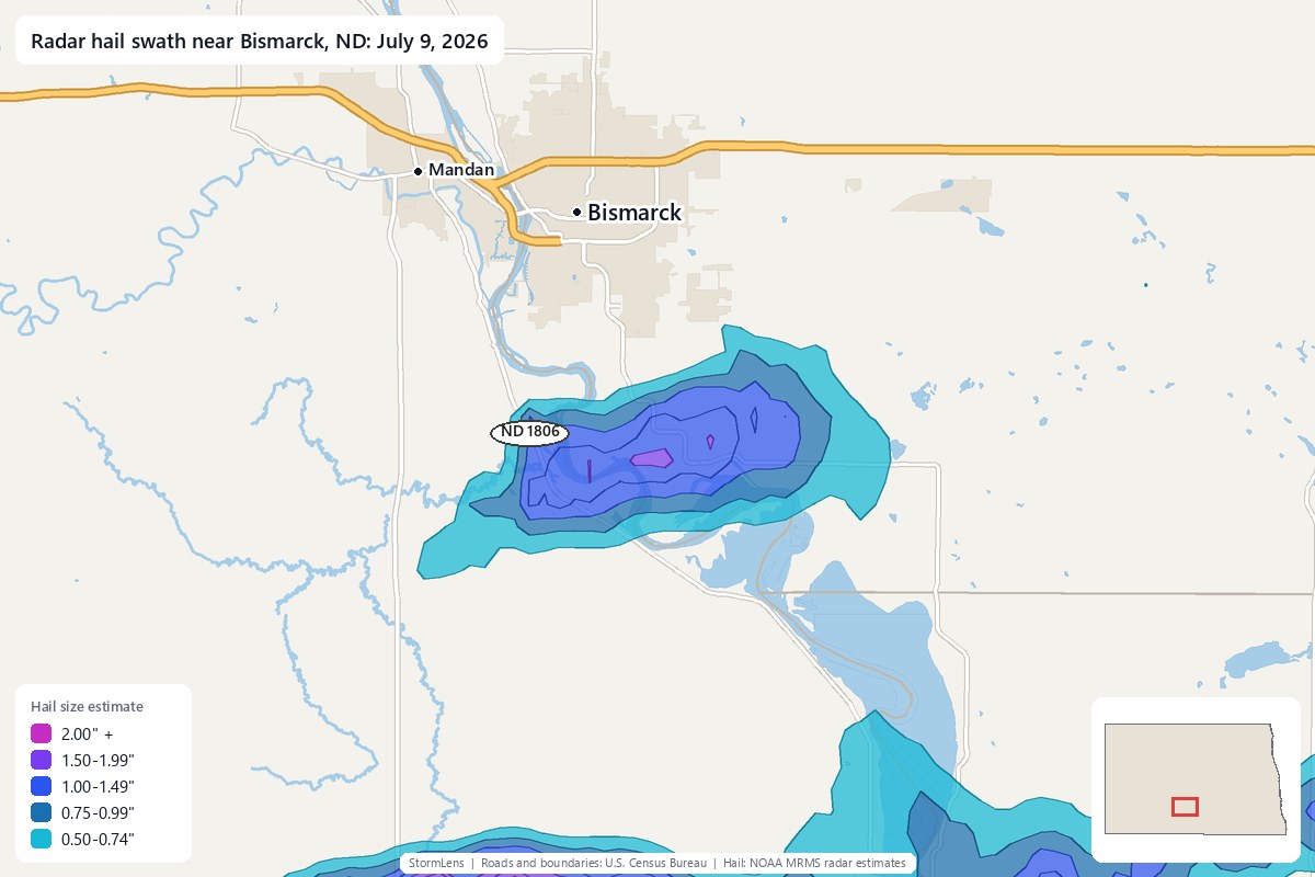 Radar-estimated hail swath near Bismarck, ND on July 9, 2026; colors show estimated hail sizes