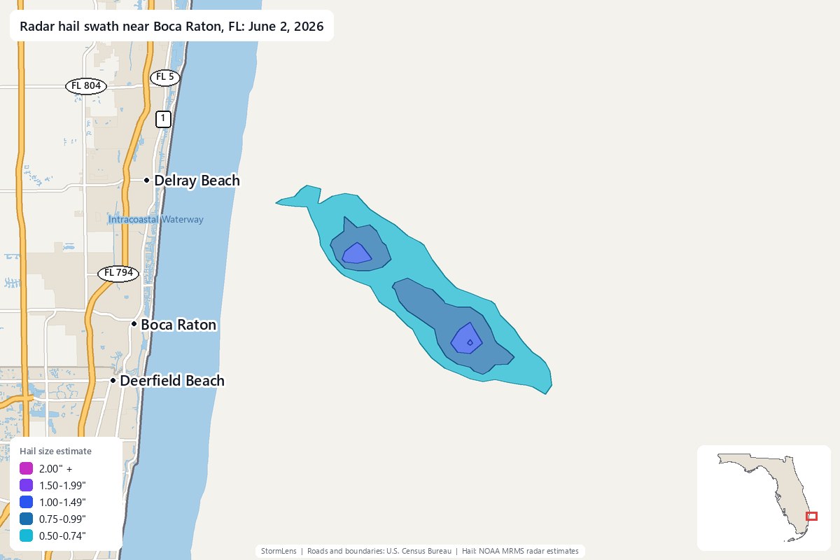 Radar-estimated hail swath near Boca Raton, FL on June 2, 2026; colors show estimated hail sizes