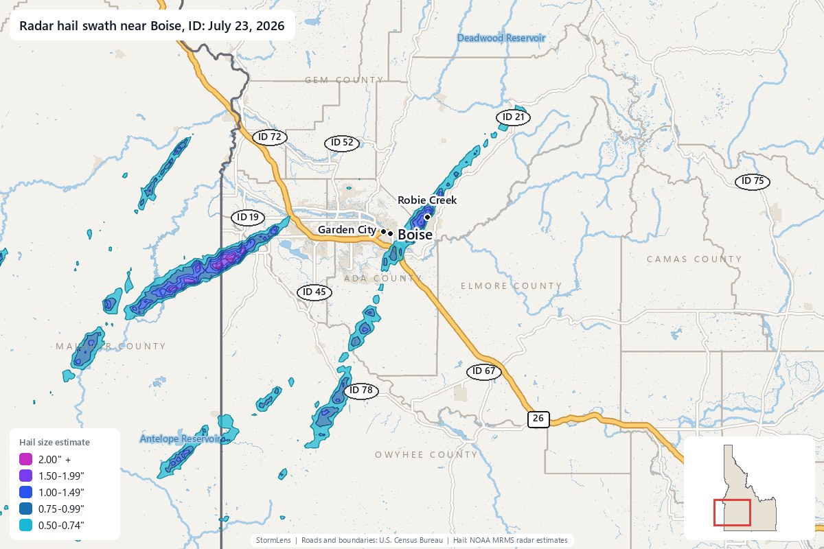 Radar-estimated hail swath near Boise, ID on July 23, 2026; colors show estimated hail sizes