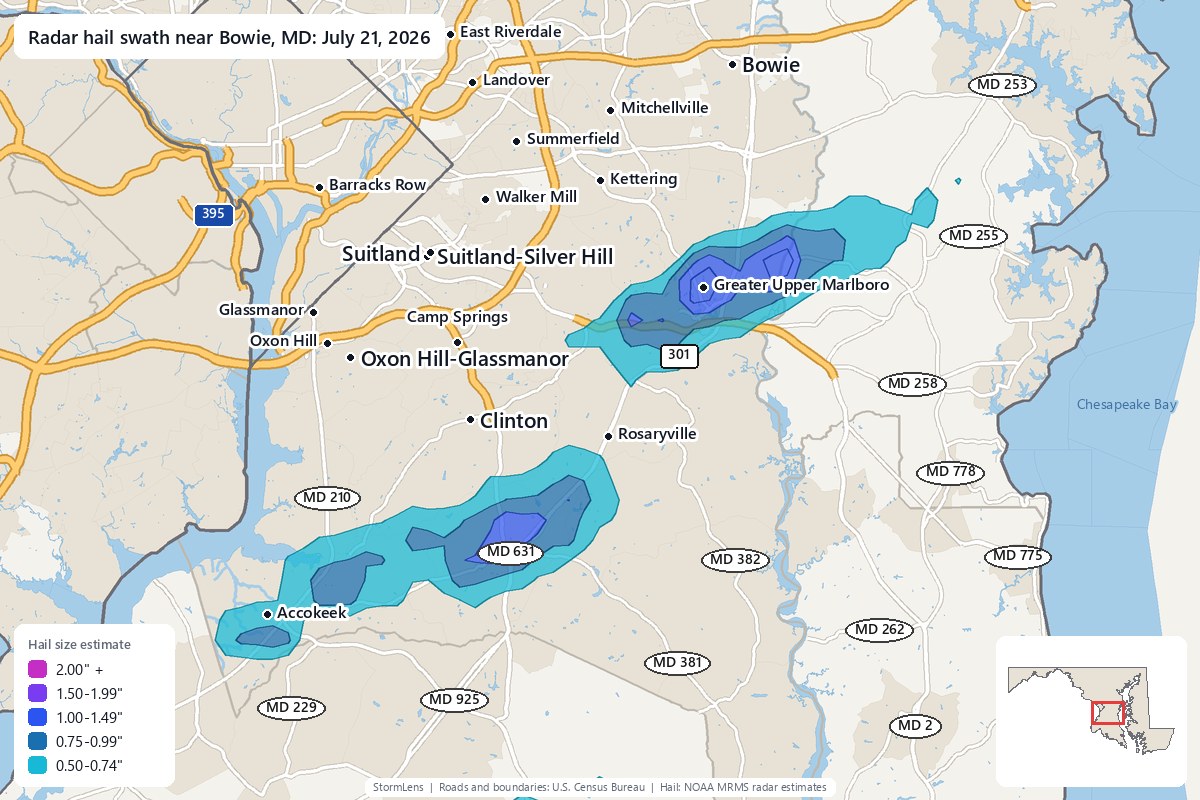 Radar-estimated hail swath near Bowie, MD on July 21, 2026; colors show estimated hail sizes