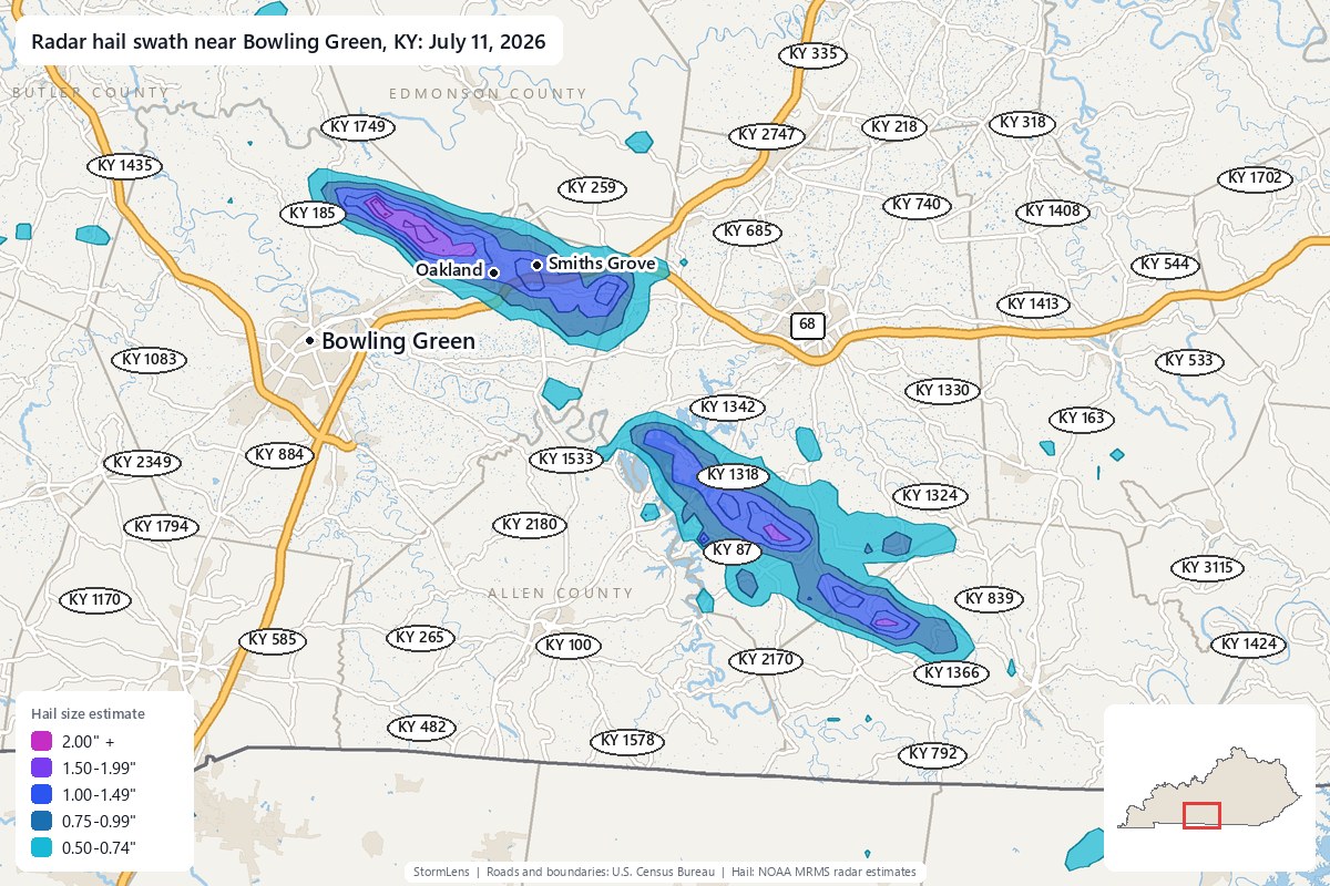 Radar-estimated hail swath near Bowling Green, KY on July 11, 2026; colors show estimated hail sizes