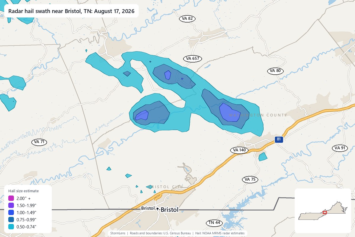 Radar-estimated hail swath near Bristol, TN on August 17, 2026; colors show estimated hail sizes