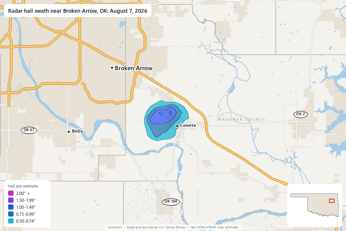 Radar-estimated hail swath near Broken Arrow, OK on August 7, 2026; colors show estimated hail sizes