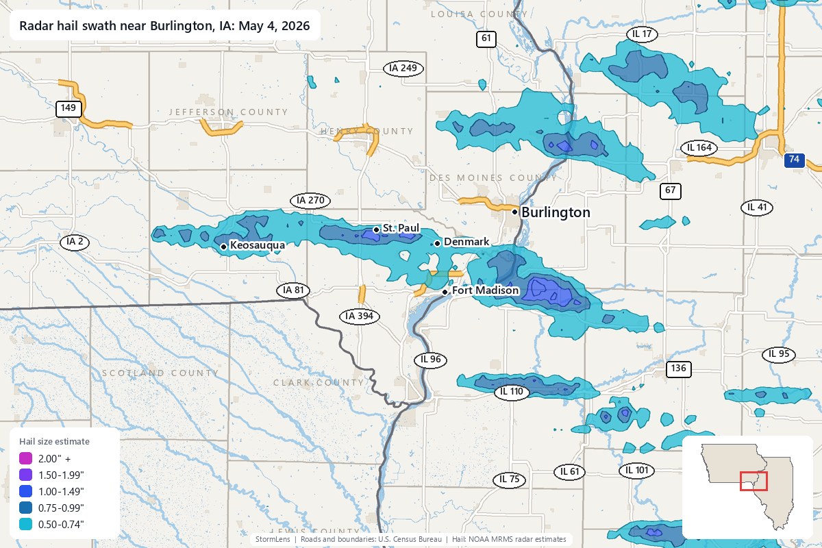 Radar-estimated hail swath near Burlington, IA on May 4, 2026; colors show estimated hail sizes