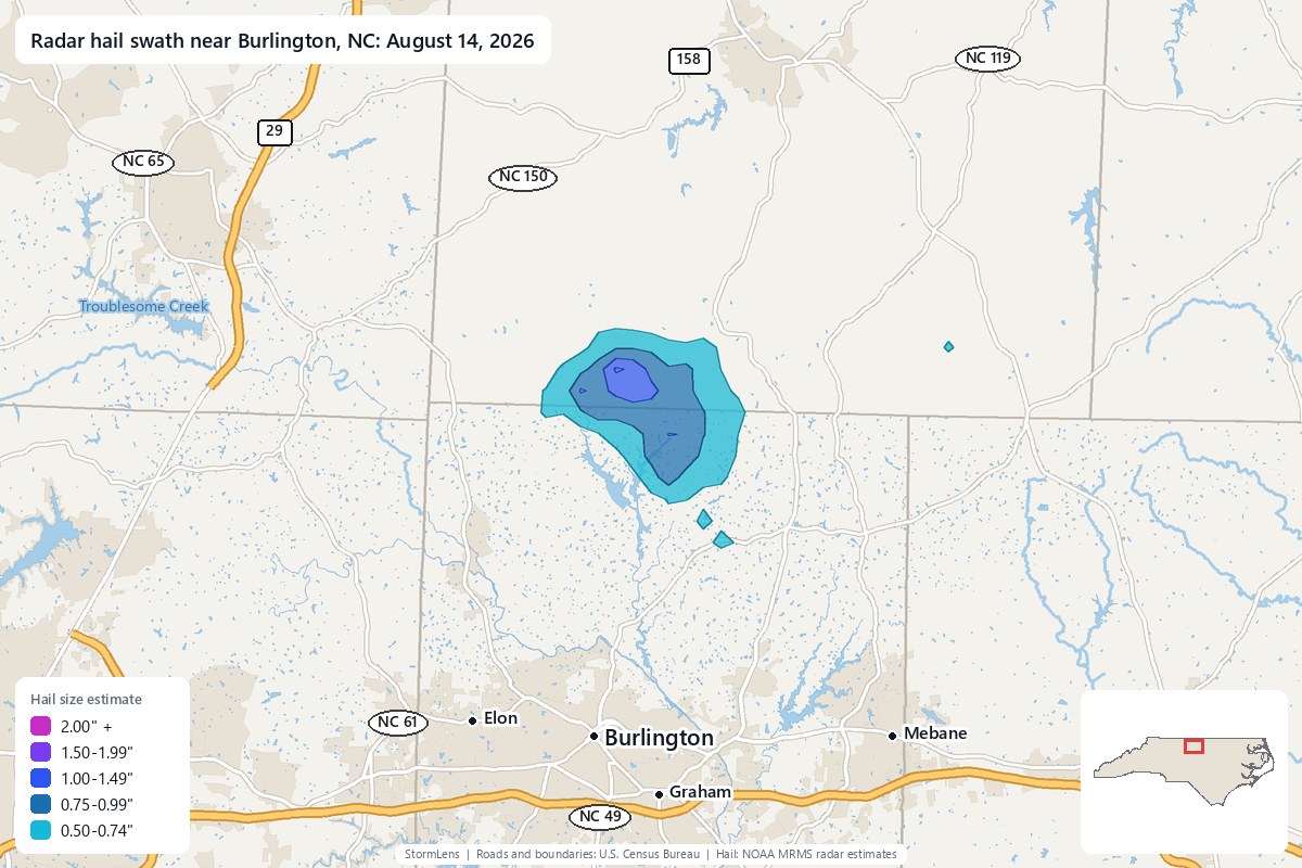 Radar-estimated hail swath near Burlington, NC on August 14, 2026; colors show estimated hail sizes