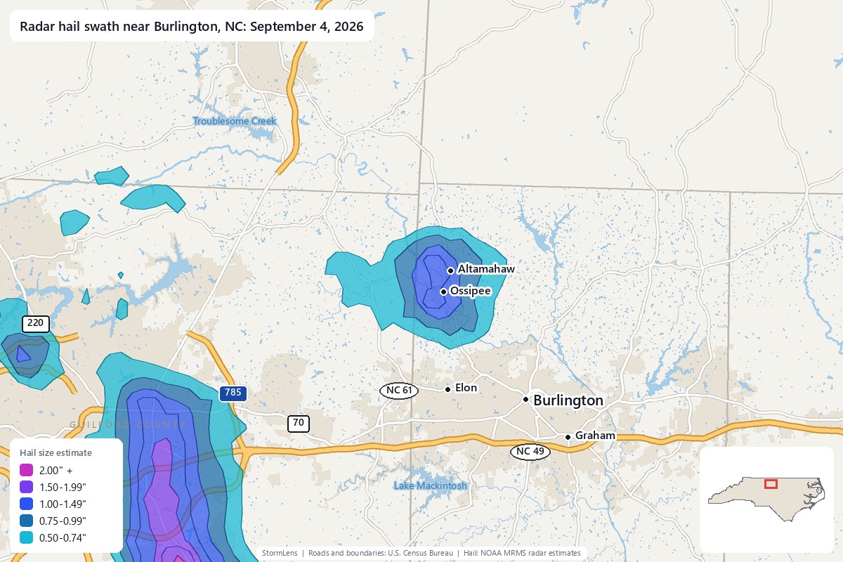 Radar-estimated hail swath near Burlington, NC on September 4, 2026; colors show estimated hail sizes