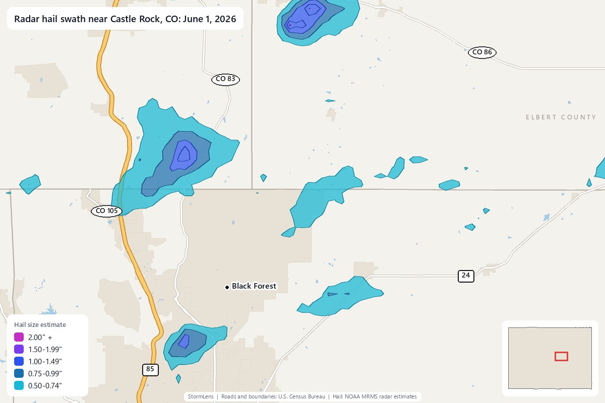Radar-estimated hail swath near Castle Rock, CO on June 1, 2026; colors show estimated hail sizes