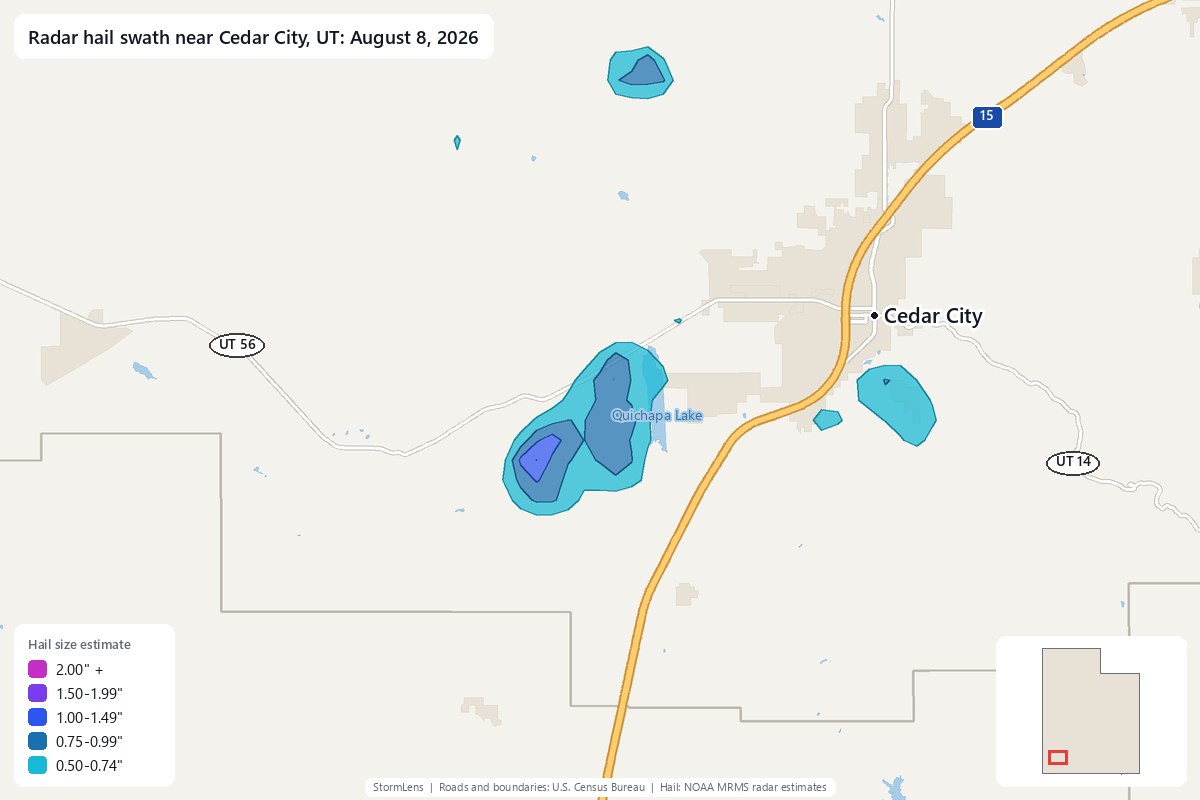 Radar-estimated hail swath near Cedar City, UT on August 8, 2026; colors show estimated hail sizes