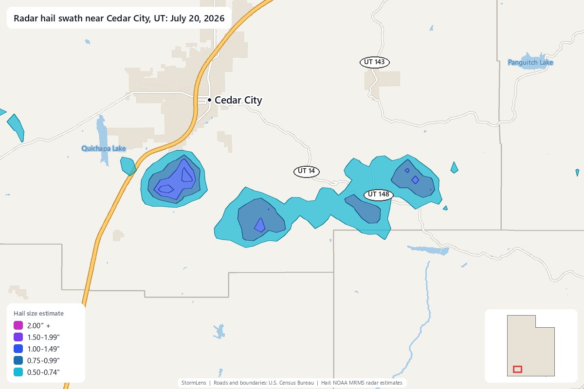 Radar-estimated hail swath near Cedar City, UT on July 20, 2026; colors show estimated hail sizes