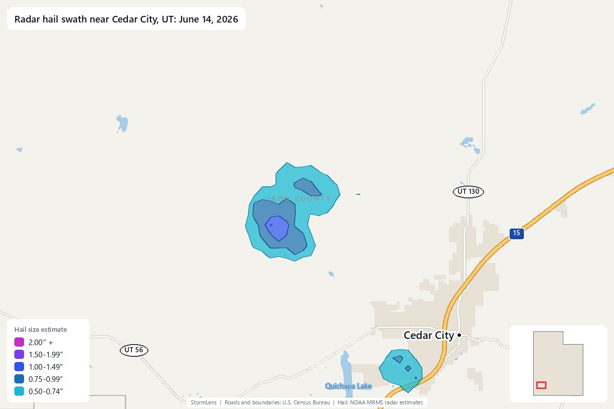 Radar-estimated hail swath near Cedar City, UT on June 14, 2026; colors show estimated hail sizes