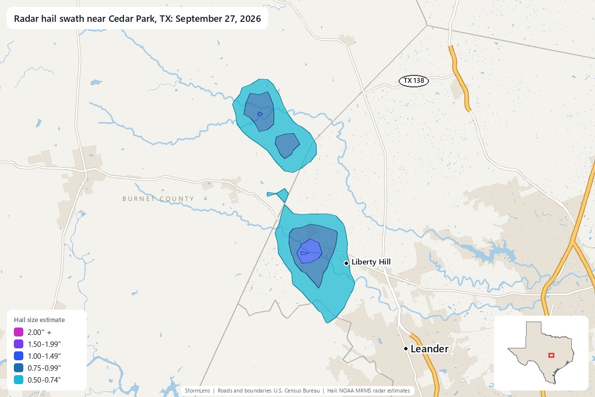 Radar-estimated hail swath near Cedar Park, TX on September 27, 2026; colors show estimated hail sizes
