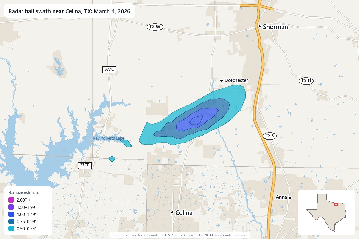 Radar-estimated hail swath near Celina, TX on March 4, 2026; colors show estimated hail sizes