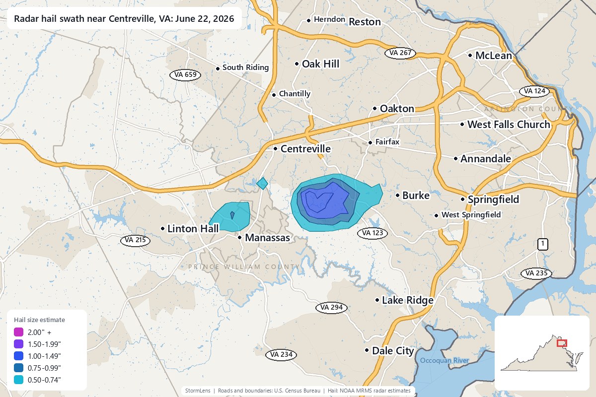 Radar-estimated hail swath near Centreville, VA on June 22, 2026; colors show estimated hail sizes
