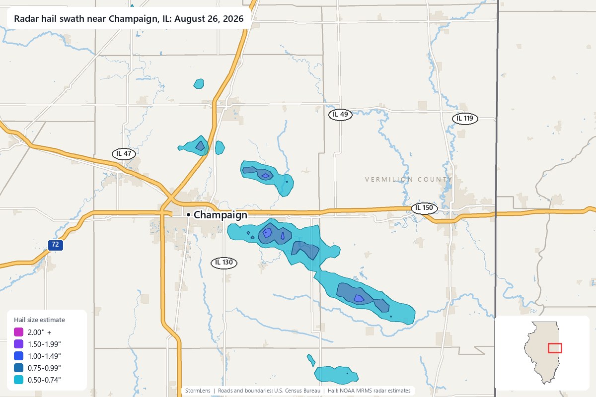 Radar-estimated hail swath near Champaign, IL on August 26, 2026; colors show estimated hail sizes