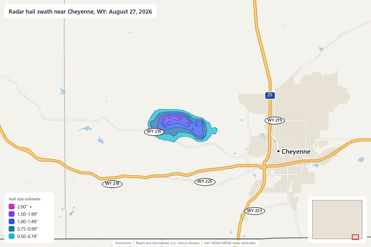 Radar-estimated hail swath near Cheyenne, WY on August 27, 2026; colors show estimated hail sizes
